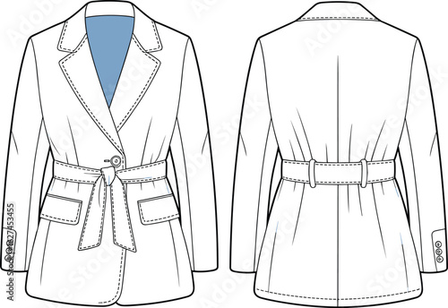 Women’s belted blazer jacket, tailored fit, front flap pockets, single button closure, notched lapel collar, cuff buttons, technical CAD drawing, vector illustration