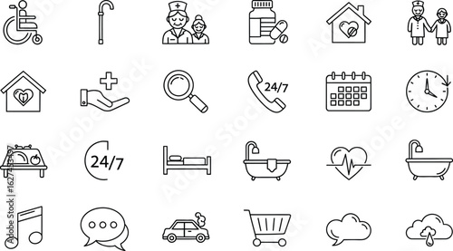 Elderly care sketch icon set hand drawn doodle line art collection of senior living, medical assistance, and home support for retirement