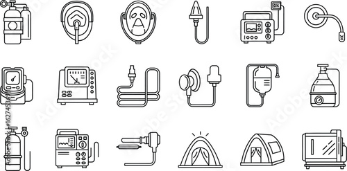 Line art icons of oxygen therapy equipment, including oxygen mask, ventilator, nebulizer, humidifier, oxygen concentrator, and other respiratory devices