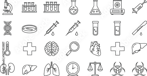 Science and medical equipment icons, featuring laboratory tools, biological symbols, and healthcare icons, representing research, diagnosis, and treatment