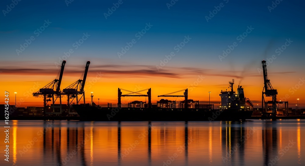 Fototapeta premium Fiery Sunset Silhouette Cargo Ship and Cranes at Port.