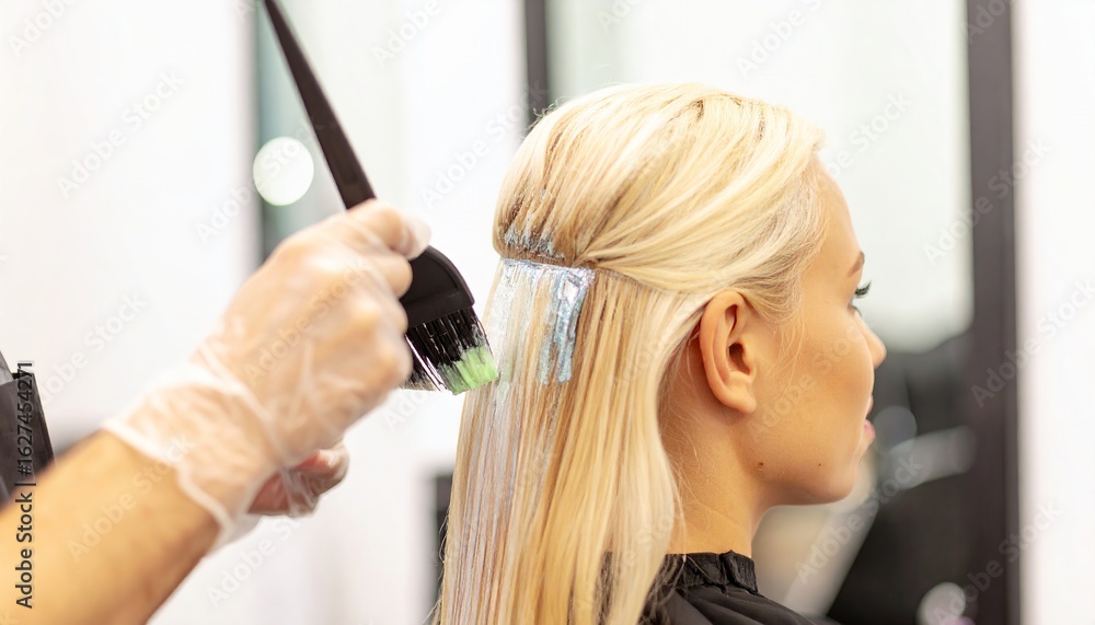 Fototapeta premium Hairdresser carefully applying dye to blonde hair roots with a brush on young beautiful European woman with fair skin in modern salon, professional coloring process, bright lighting