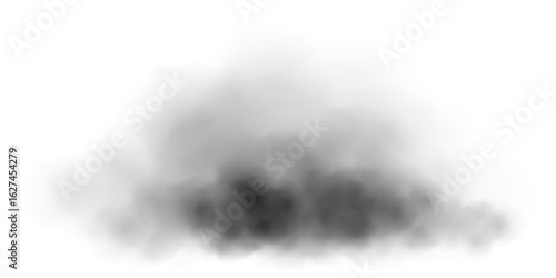 Black smoke cloud isolated on white background. Dark realistic fog cloud with soft edges and transparent texture. Vector illustration for explosion, pollution, or dramatic effect themes.
