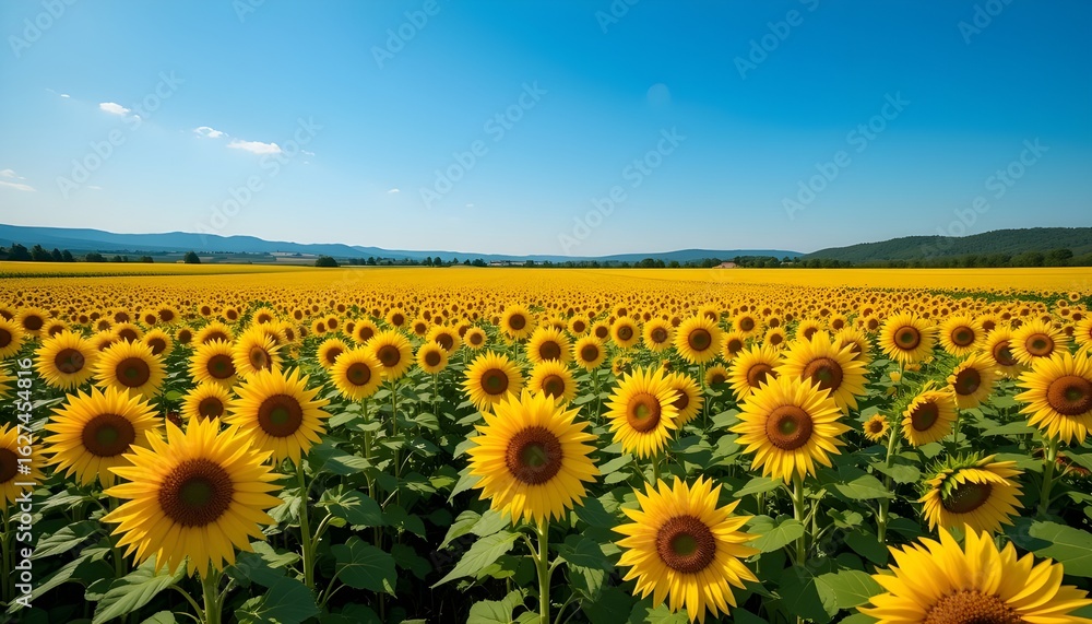 Fototapeta premium a field of sunflowers, blue sky, rural landscape, golden flowers, summer scenery, vibrant colors, nature photography, detailed, highly realistic, 8k, award winning.