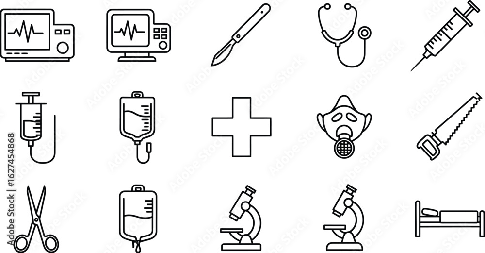 Fototapeta premium Set of vector icons representing medical equipment and healthcare, including monitor, syringe, microscope, and bed