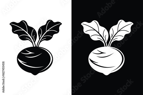 Vector Kohlrabi Icon. Minimalist Silhouette of Bulbous Stem and Leaves