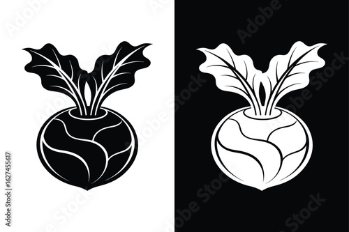 Flat Kohlrabi Bulb Silhouette. Fresh Vegetable Icon on Black White Background