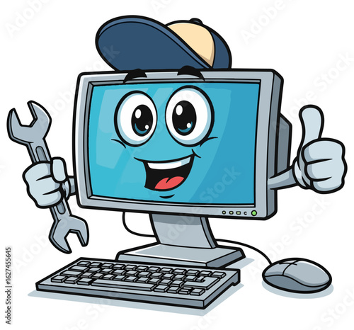 Friendly Computer Repair Mascot – Cartoon Monitor with Wrench and Thumbs Up