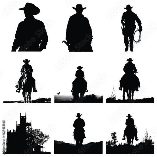 vector illustration of cowboy silhouette set sunset, Black & White silhouette set