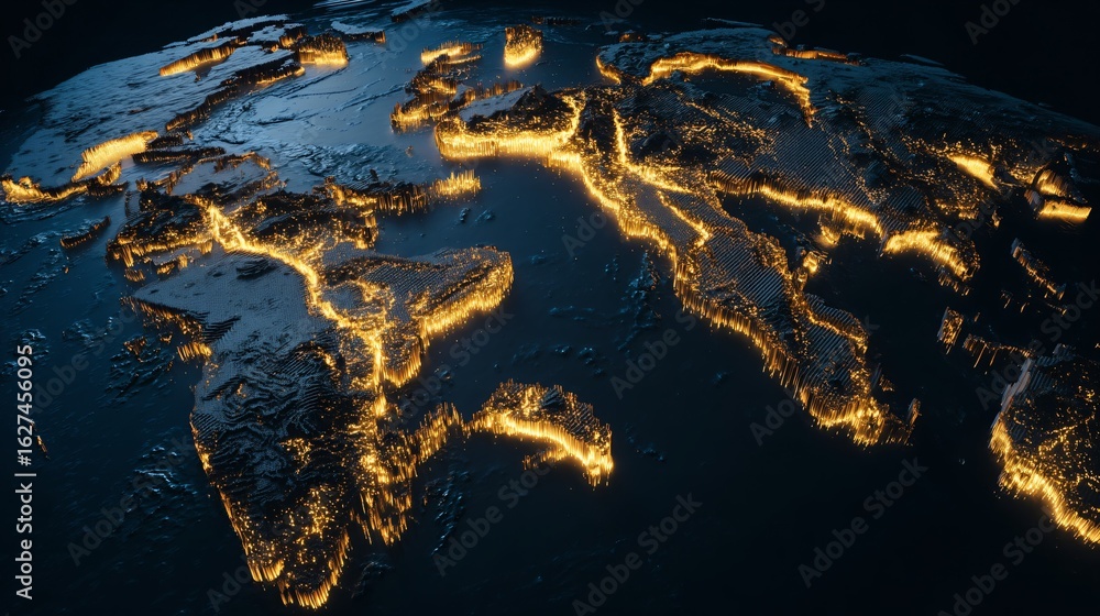 Obraz premium Majestic submerged continent map glowing with golden tectonic lines beneath deep blue ocean surface, symbolizing lost civilizations, geological mysteries, and underwater exploration futuristic sci-fi 