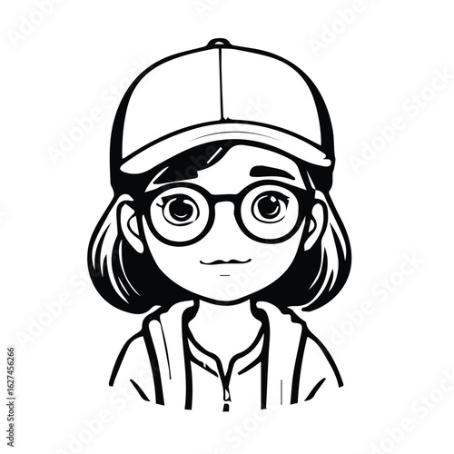 Young female cartoon character in a baseball cap and glasses, posing confidently in a studio setting. Student or casual character with an approachable demeanor for educational or branding purposes.