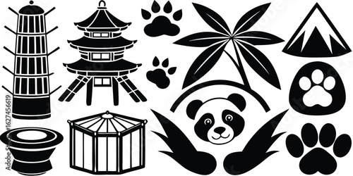 Collection of chinese cultural icons including pagodas panda and paw prints