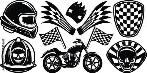 Retro motorcycle racing elements including helmet flags wings and skull designs