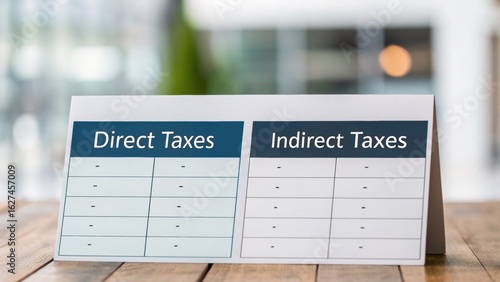government taxation Tax classification display highlighting direct and indirect taxes on a wooden table.