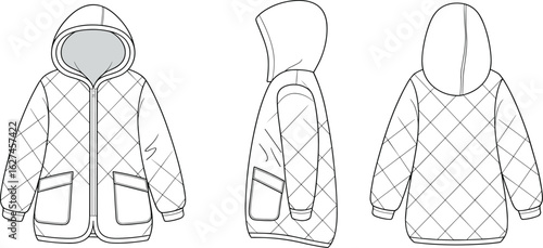 Quilted winter jacket technical flat sketch with hood, front side back view, padded coat design, outerwear fashion illustration, vector CAD template for apparel