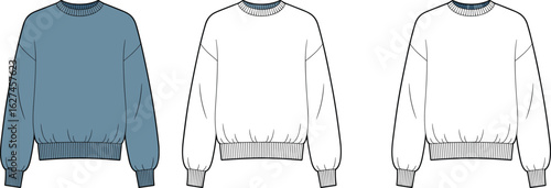 Vector sweatshirt template front view, fashion flat sketch of crew neck jumper, casual pullover outline, blank apparel design mockup for clothing brand presentation