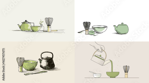 Minimal hand-drawn illustrations of Japanese matcha tea sets and pouring scenes. Elegant and clean design, ideal for tea branding, packaging, or cultural content.

