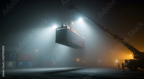 Night Fog Crane Lifts Container in Atmospheric Port Scene.