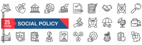 Social policy Web Icon Set in Line Style. Collection of Social services Linear Icons, Including, healthcare, family, education, protection, law, insurance, healthcare, reform and more. 