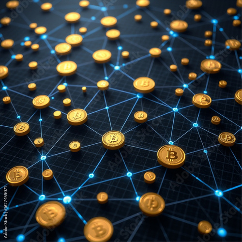Stylized digital network representing cryptocurrency, blockchain technology, and secure digital transactions. Ideal for fintech and crypto visuals.