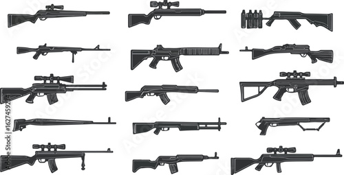 Collection of various firearms including rifles and assault weapons with scopes and ammunition