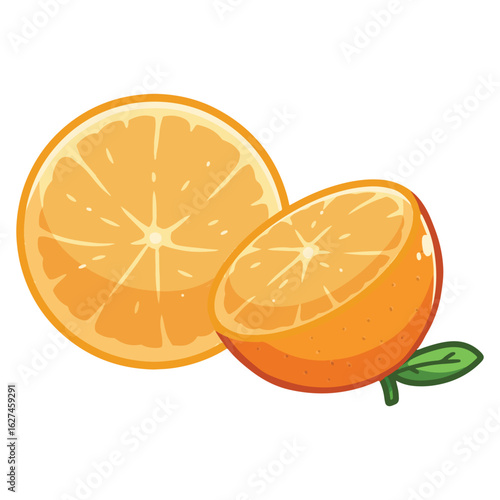 Orange Citrus Vector with Slice Fresh orange and slice illustration in cute cartoon style, perfect for vitamin C, juice, and health themes.