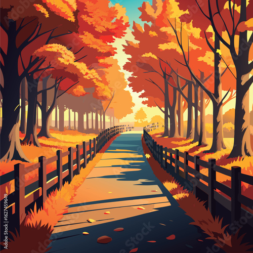 Autumn path lined with colorful trees.