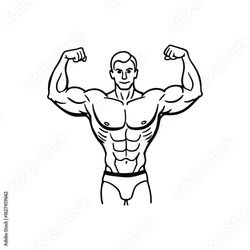 Body builder line art, Workout refers to physical exercise or activity performed to improve fitness, strength, or overall health