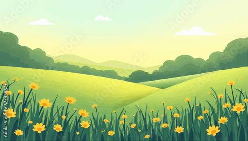 Bright Sunny Landscape with Green Hills and Yellow Flowers in Field