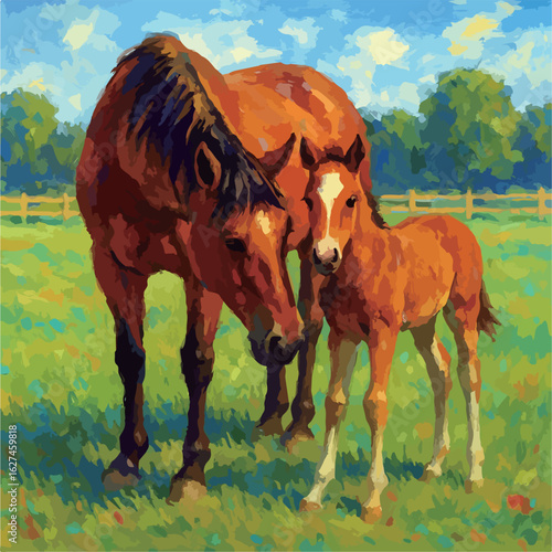 A mother and her horse grazing on a hillside meadow
