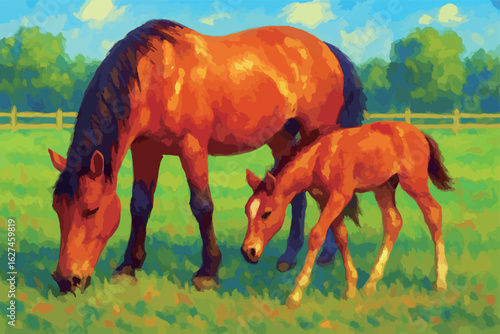 A mother and her horse grazing on a hillside meadow
