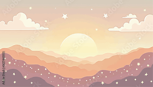 Pastel Sunset Scene with Mountains Clouds and Stars in Soft Colors for Dreamy Nature or Artistic Designs