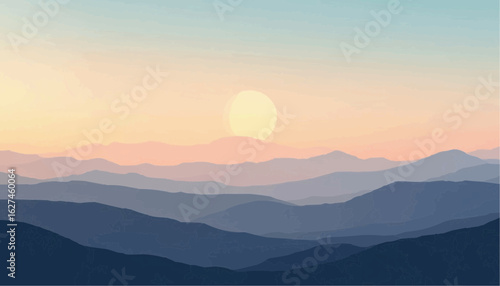 Sunset Over Mountain Range with Soft Pastel Sky in Calm Natural Landscape