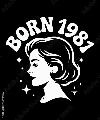 Vintage woman portrait t-shirt design, born 1981 retro style vector illustration