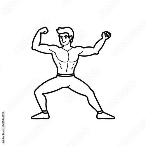 Body builder line art, Workout refers to physical exercise or activity performed to improve fitness, strength, or overall health