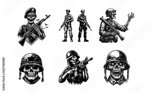 A stylized black and white illustration of a skeletal soldier wearing a helmet and uniform, carrying a rifle, with birds flying in the background.