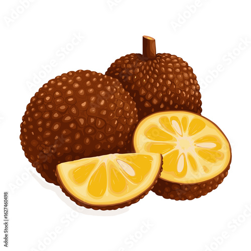 Illustration of Baccaurea ramiflora Fruits Featuring Two Whole Fruits and Sliced Sections with Yellow Pulp and Brown Skin