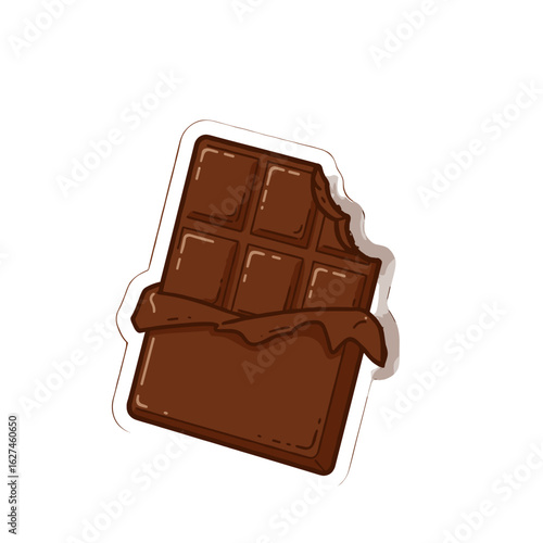 Delicious chocolate bar with a bite taken out of it, partially wrapped in foil, presented in a cute cartoon style illustration
