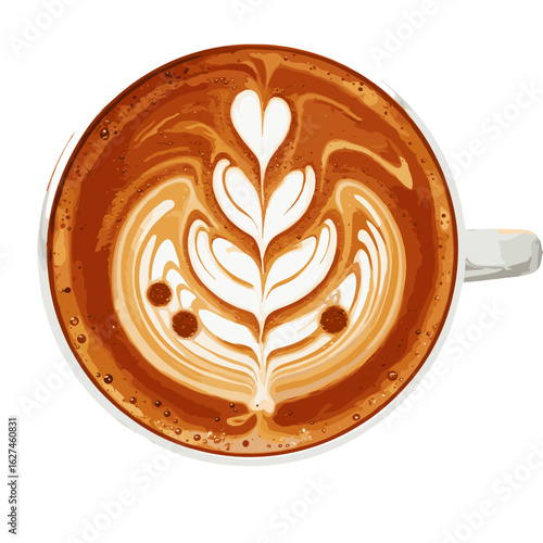 Top view of a meticulously crafted latte art showcasing a delicate flower pattern in a creamy coffee drink with rich brown hues and a smooth, inviting texture