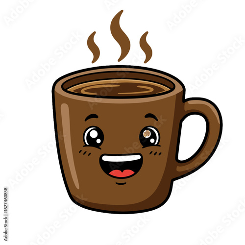 Adorable cartoon coffee mug character with a cheerful smile and rising steam, perfect for a morning boost and illustrated in vivid colors