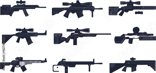 Collection of nine different sniper rifles and assault weapons with scopes and bipods displayed in a grid