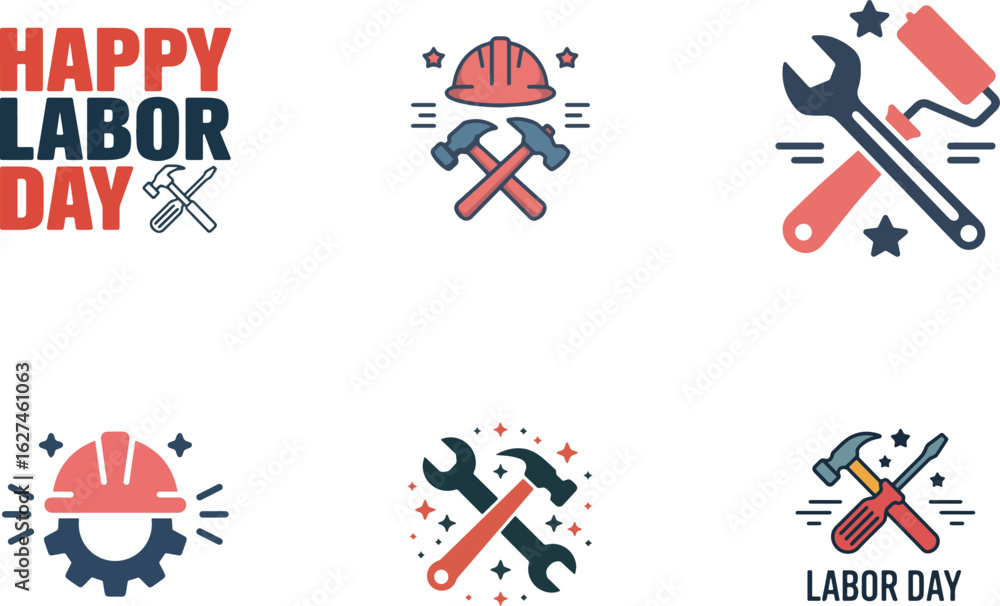 Fototapeta premium Happy labor day vector design with bold typography and tool icons, ideal for holiday greeting cards and banners.