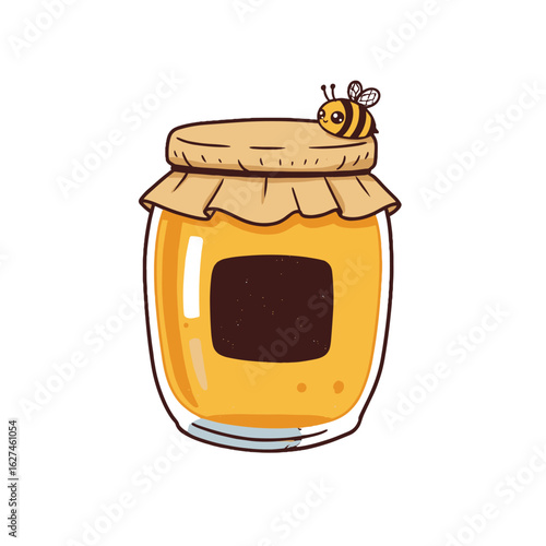 Adorable cartoon illustration of a honey jar with a cute bee perched on top, featuring warm honey tones and a whimsical design, evoking sweetness