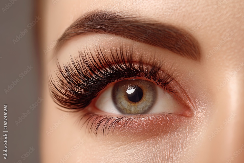 Obraz premium Eyelash extension ad: close-up of an eye with neat long lash extensions, natural makeup in beige and pink tones, well-shaped brow