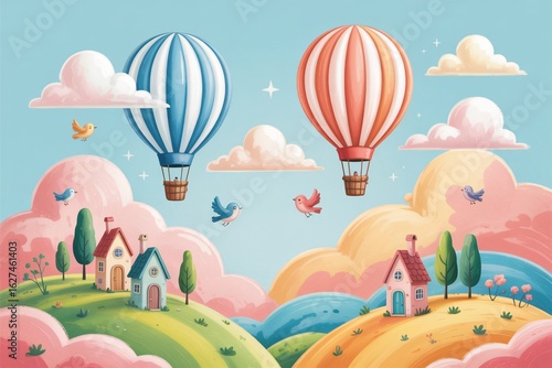  Two large, striped hot air balloons float prominently above a picturesque landscape