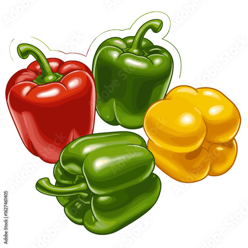 Vivid assortment of red, green, and yellow bell peppers rendered in a colorful vector illustration against a white background