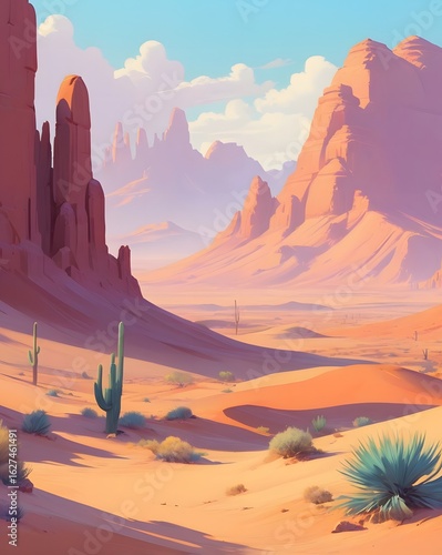 Arid Desert Scene with Canyons, Sand, and Sparse Vegetation