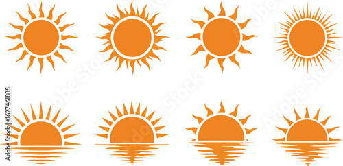 Set of Eight Orange Sun Icons with Water Reflections sunrise sunset