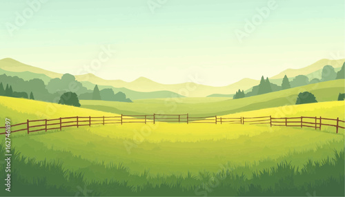 Serene Green Landscape with Rolling Hills and Wooden Fence in Calm Countryside Scene