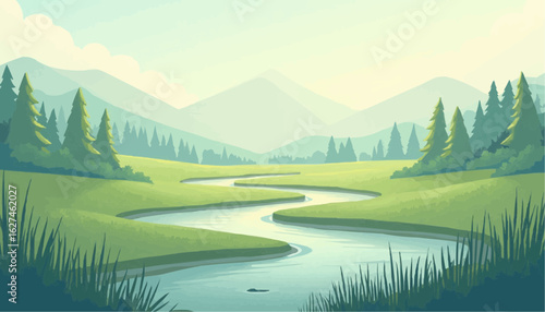 Serene Mountain Landscape with Flowing River in Lush Green Forest and Soft Cloudy Sky